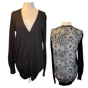 Harve Bernard Snakeskin Cardigan Sweater Black White Knit Button Front Long Slee
